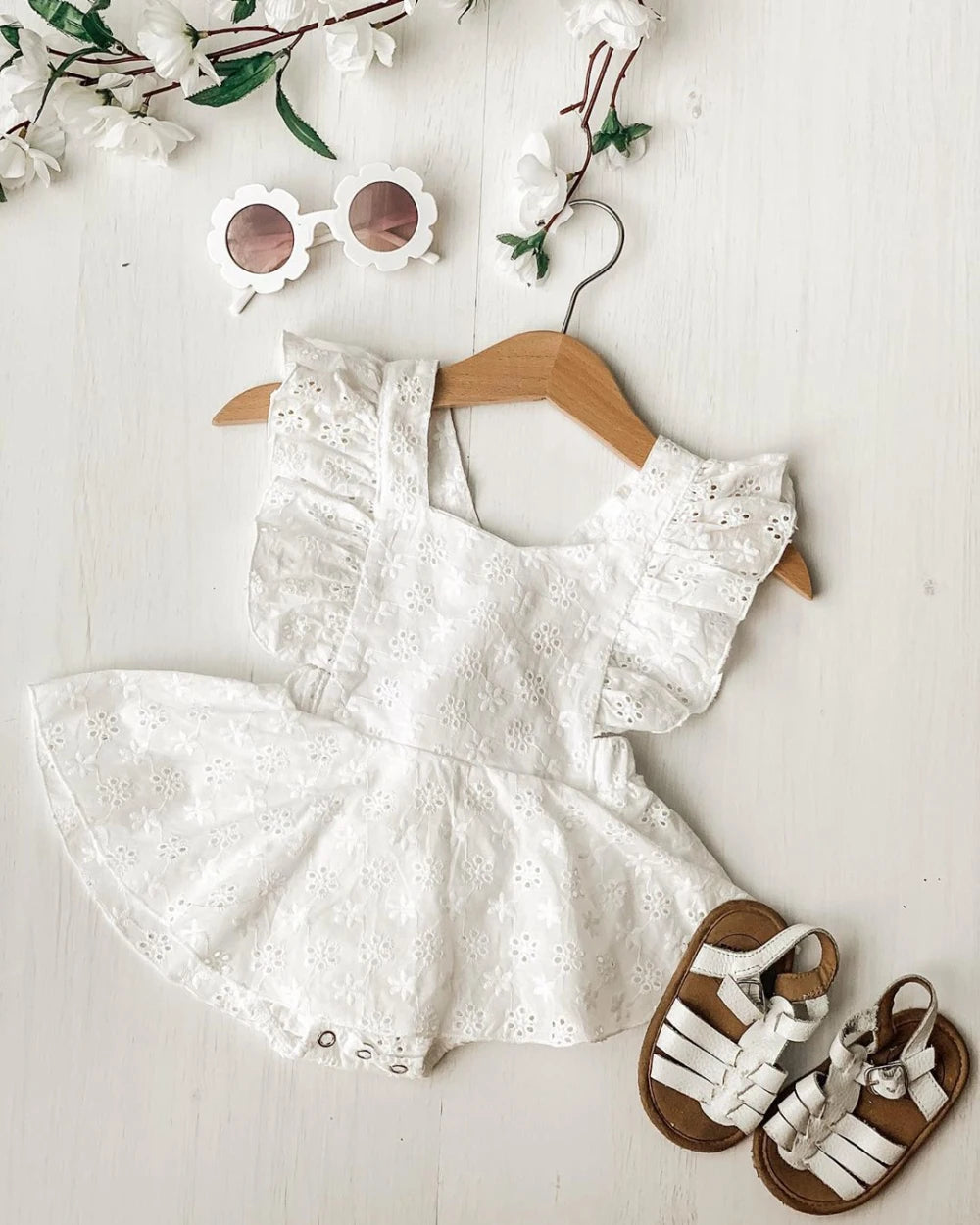 Cute Lace Ruffled 2pc Baby Romper Dress - Floral Jumpsuit Solid White Outfit White / 24M Cute Lace Ruffled 2pc Baby Romper Dress - Floral Jumpsuit Solid White Outfit White / 24M