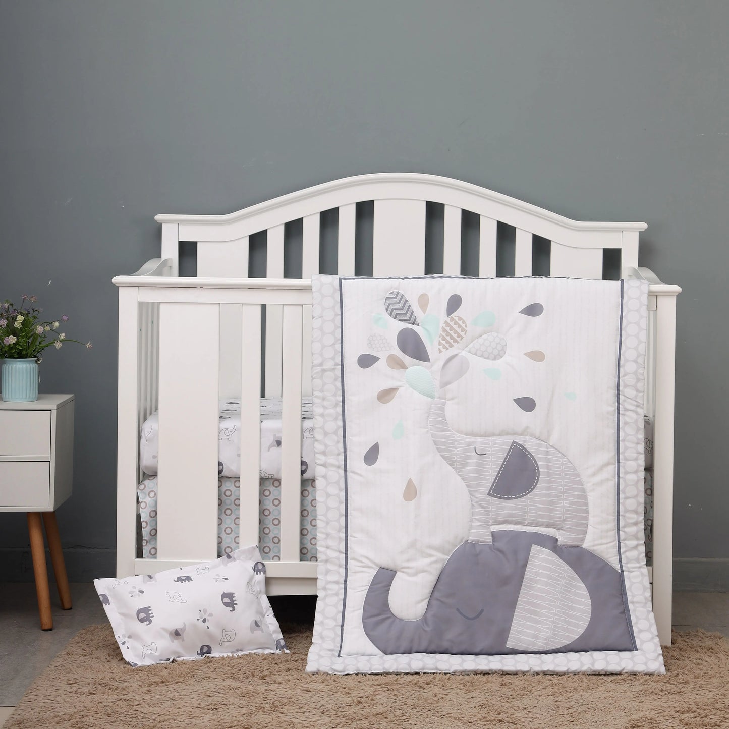 4pcs Unisex Baby Crib Bedding Set with Quilt, Crib Sheet, Crib Skirt, Pillowcase