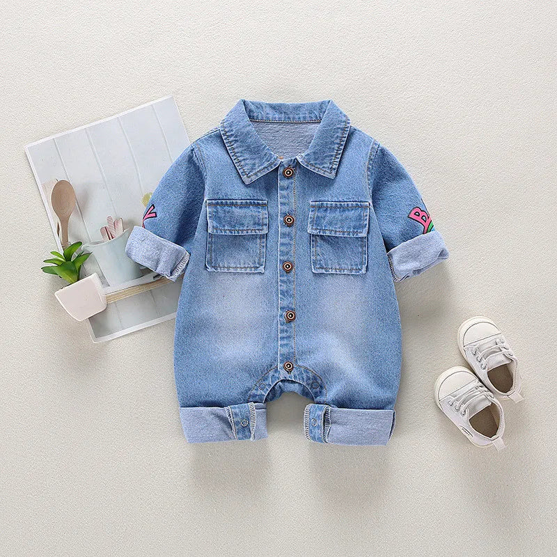 Newborn Baby Jumpsuit and Romper in Cute Denim with Embroidery