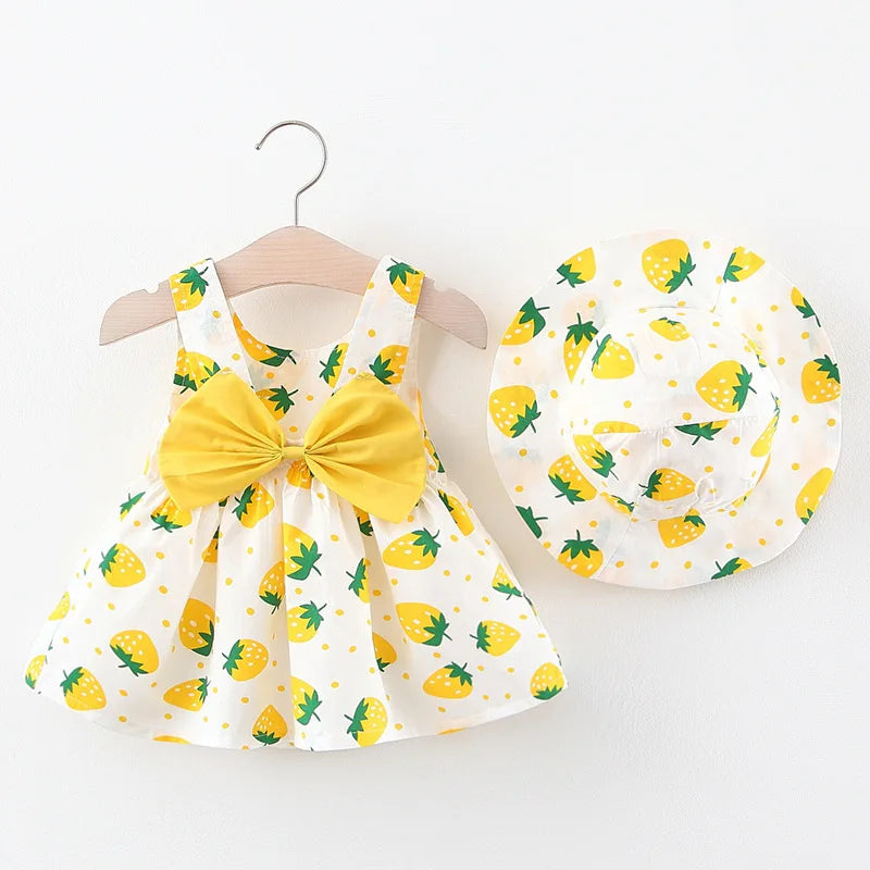 Infant Baby Girl Dress and Hat Set - 0-3M Cotton Dress