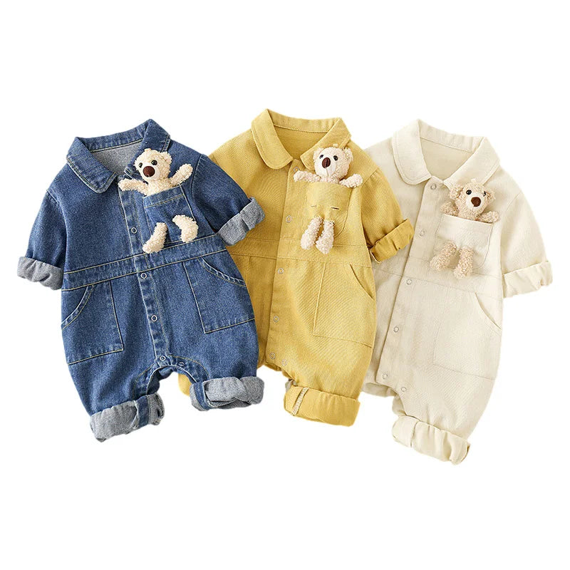 Denim Newborn Romper Jumpsuits with Cute Pocket Toy Bear Details - Unisex Denim Romper