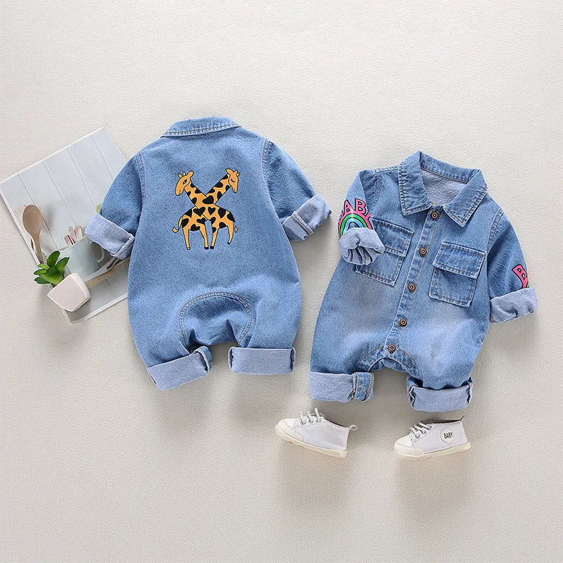 Newborn Baby Jumpsuit and Romper in Cute Denim with Embroidery