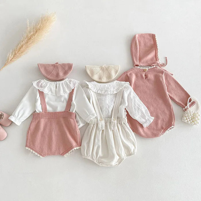 Cute Baby Girls' Knitted Clothing Set - Newborn Baby Girls' Embroidered Bodysuits