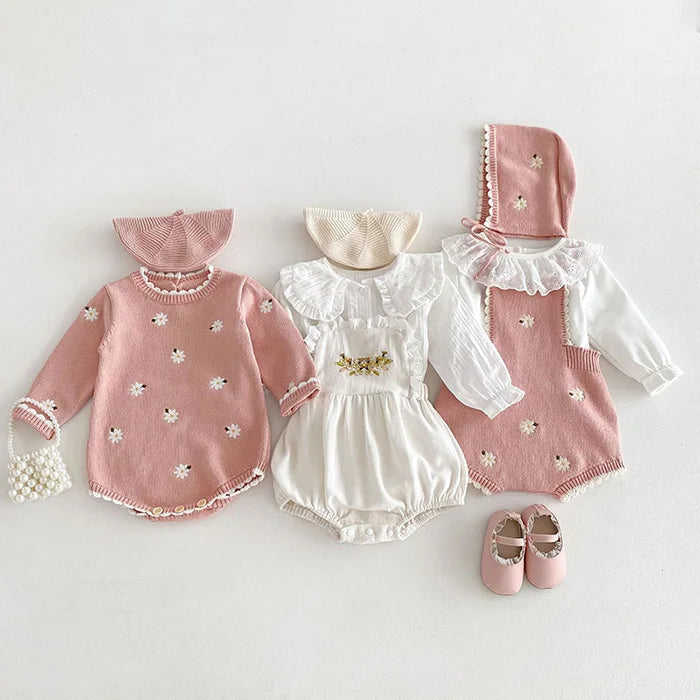 Cute Baby Girls' Knitted Clothing Set - Newborn Baby Girls' Embroidered Bodysuits
