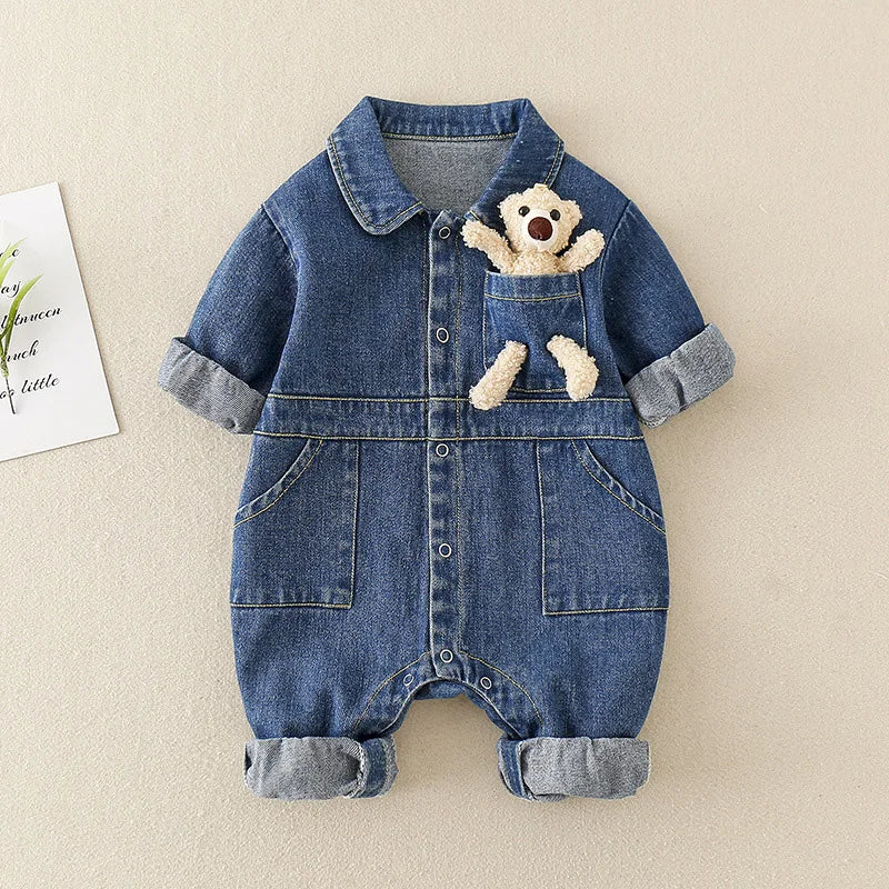 Denim Newborn Romper Jumpsuits with Cute Pocket Toy Bear Details - Unisex Denim Romper