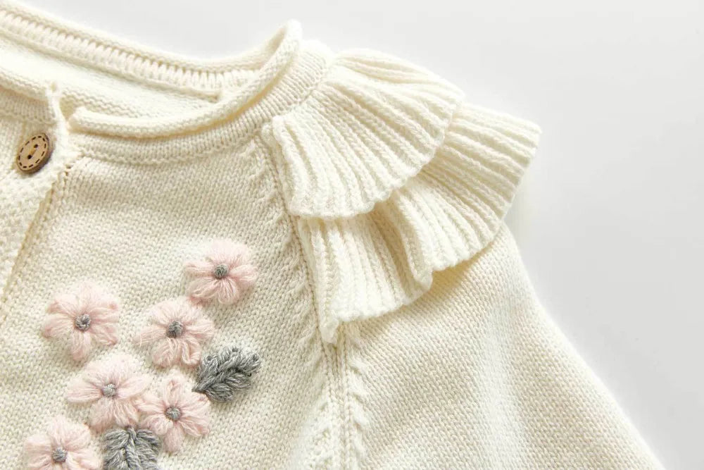 0-3Y Adorable Embroidered Baby Girls' Knit - Long Sleeve Flower Cardigan + Romper Set