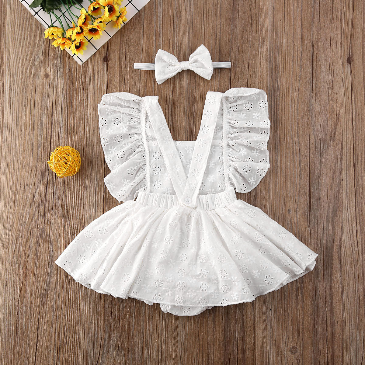 Cute Lace Ruffled 2pc Baby Romper Dress - Floral Jumpsuit Solid White Outfit