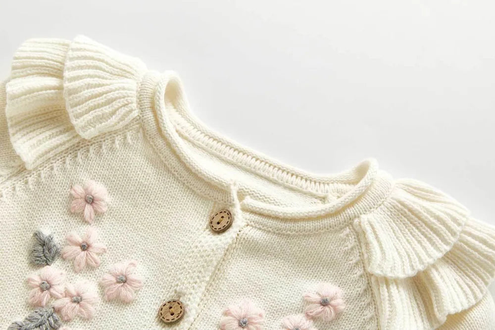 0-3Y Adorable Embroidered Baby Girls' Knit - Long Sleeve Flower Cardigan + Romper Set