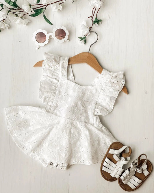 Cute Lace Ruffled 2pc Baby Romper Dress - Floral Jumpsuit Solid White Outfit