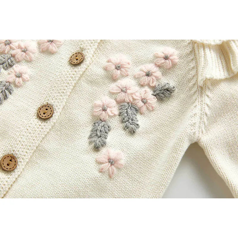 0-3Y Adorable Embroidered Baby Girls' Knit - Long Sleeve Flower Cardigan + Romper Set