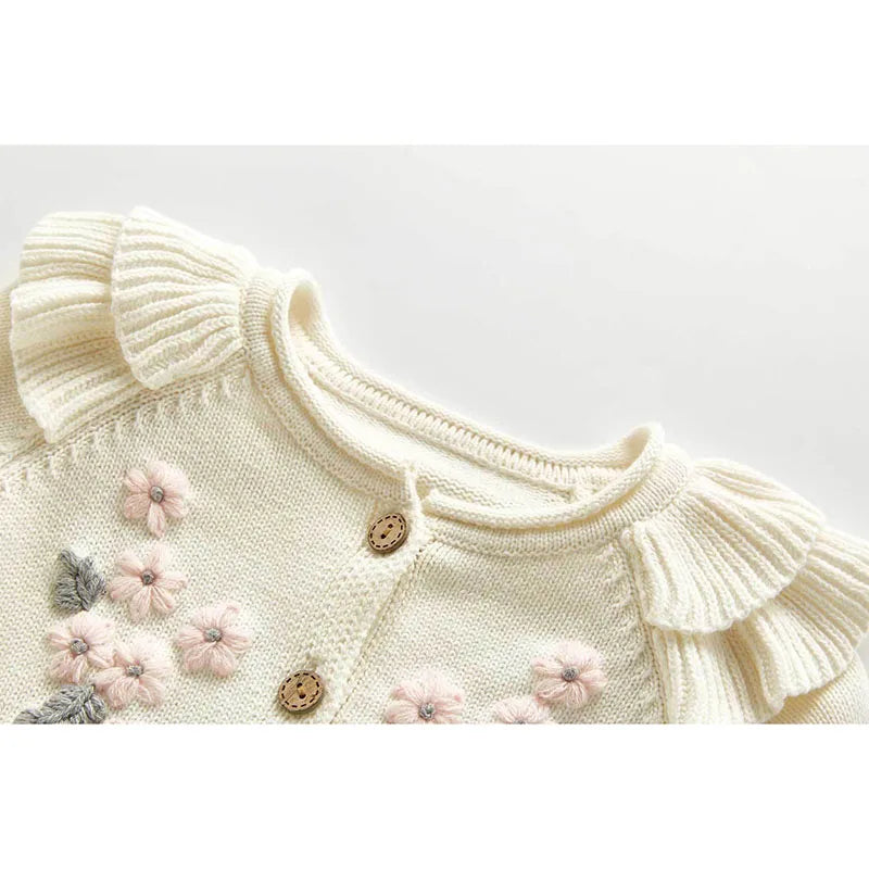 0-3Y Adorable Embroidered Baby Girls' Knit - Long Sleeve Flower Cardigan + Romper Set