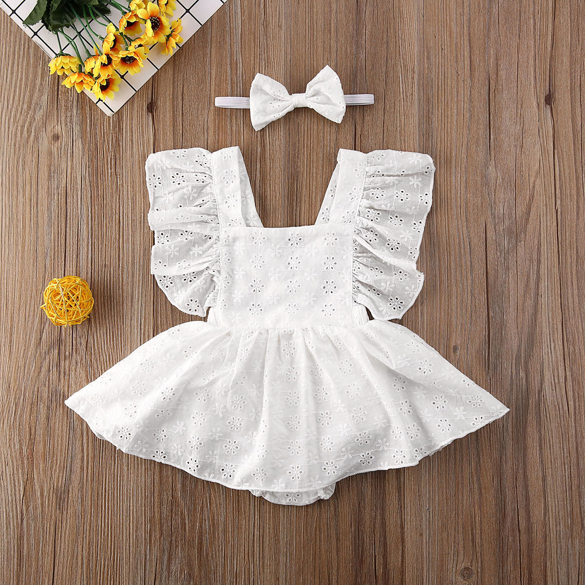 Cute Lace Ruffled 2pc Baby Romper Dress - Floral Jumpsuit Solid White Outfit