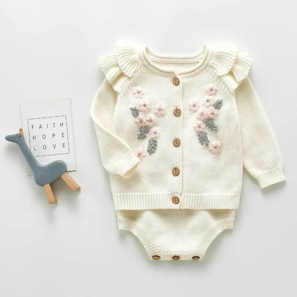 0-3Y Adorable Embroidered Baby Girls' Knit - Long Sleeve Flower Cardigan + Romper Set