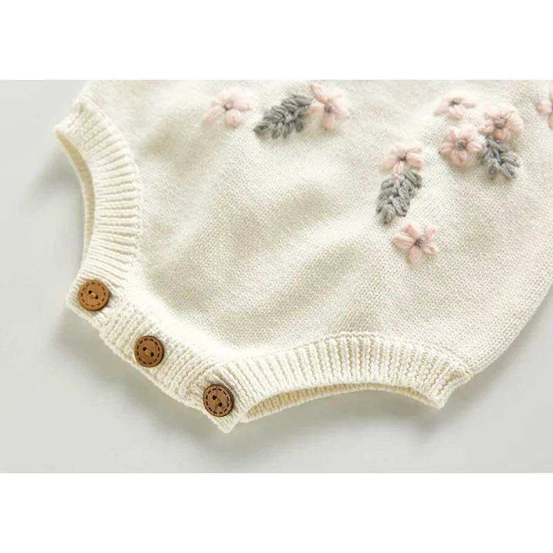 0-3Y Adorable Embroidered Baby Girls' Knit - Long Sleeve Flower Cardigan + Romper Set