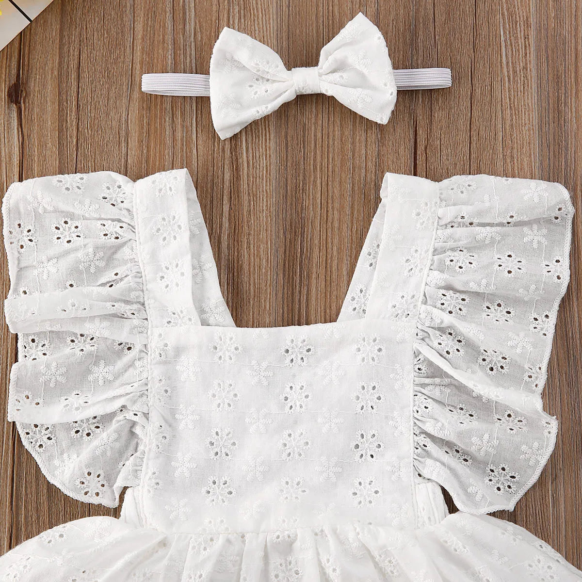 Cute Lace Ruffled 2pc Baby Romper Dress - Floral Jumpsuit Solid White Outfit