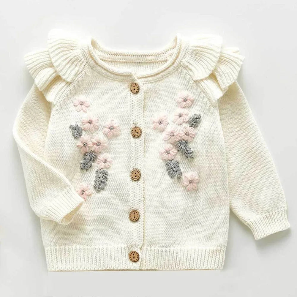 0-3Y Adorable Embroidered Baby Girls' Knit - Long Sleeve Flower Cardigan + Romper Set