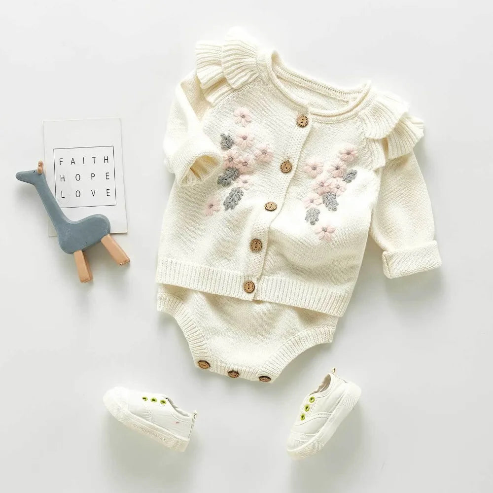 0-3Y Adorable Embroidered Baby Girls' Knit - Long Sleeve Flower Cardigan + Romper Set