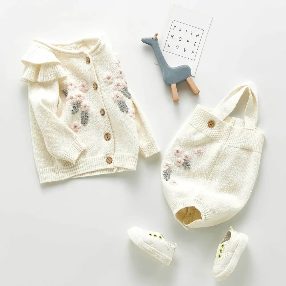 0-3Y Adorable Embroidered Baby Girls' Knit - Long Sleeve Flower Cardigan + Romper Set