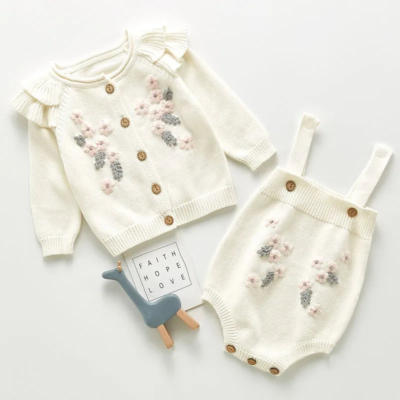 0-3Y Adorable Embroidered Baby Girls' Knit - Long Sleeve Flower Cardigan + Romper Set