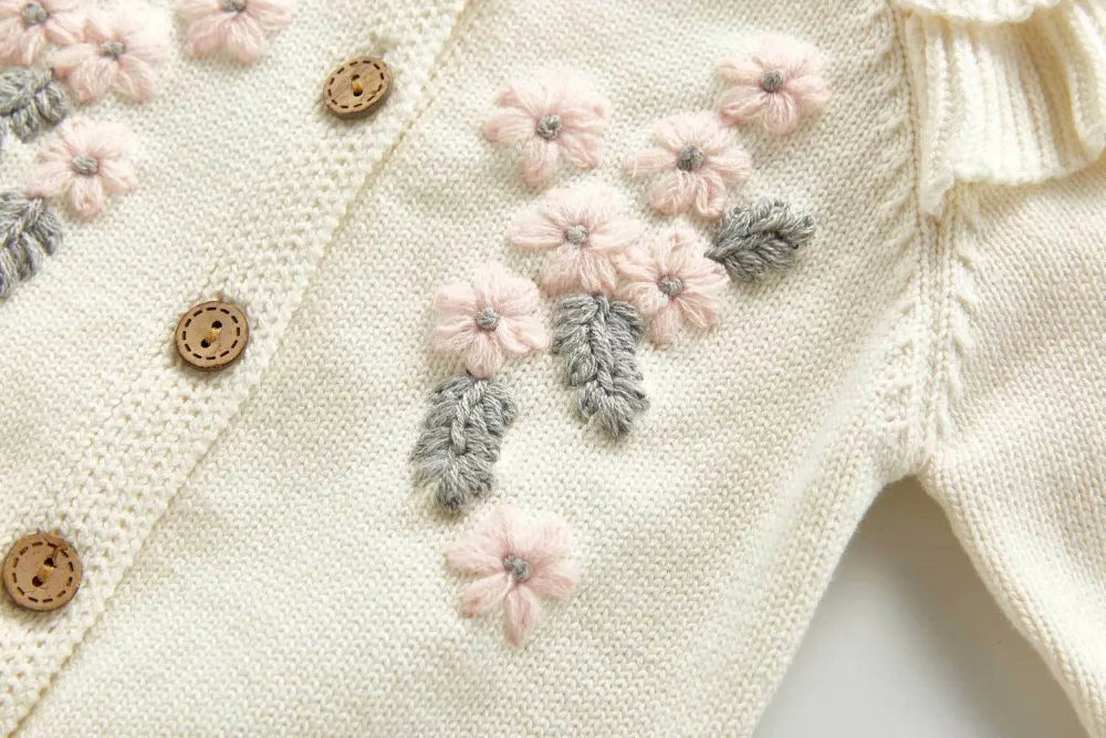 0-3Y Adorable Embroidered Baby Girls' Knit - Long Sleeve Flower Cardigan + Romper Set