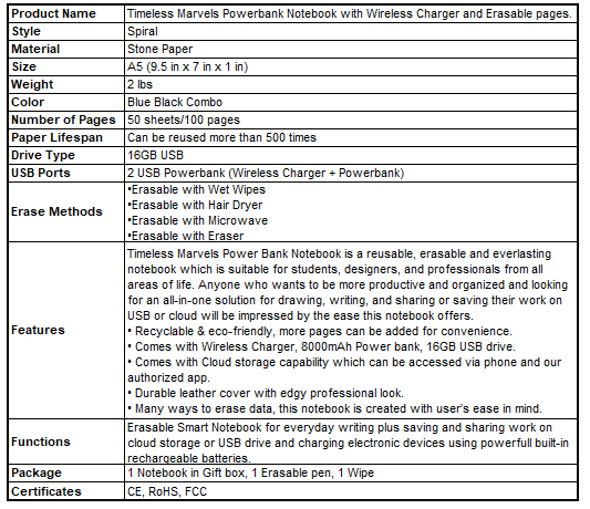 Power Erasable Notebook with Rechargeable Power Bank, Built-in USB, Cloud Storage & Wireless Phone Charging