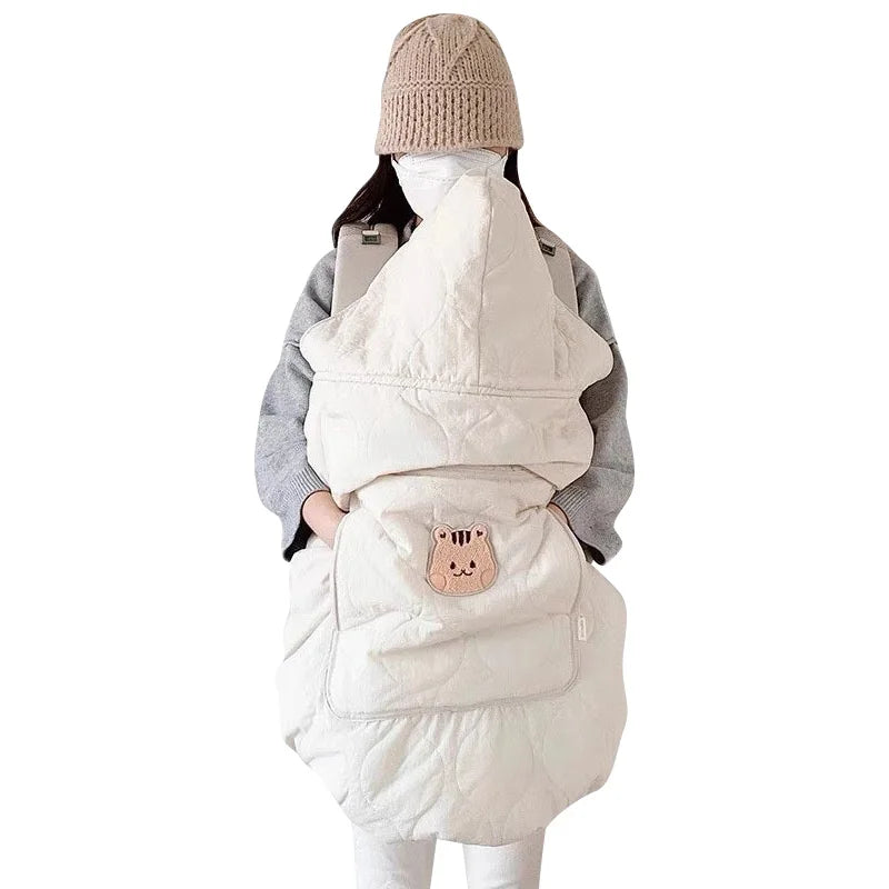 Korean Baby Stroller Blanket Cover Cartoon Bear Hooded Cloak Cape Thicken Newborn Swaddle Wrap Windproof Infant Sleeping Quilt