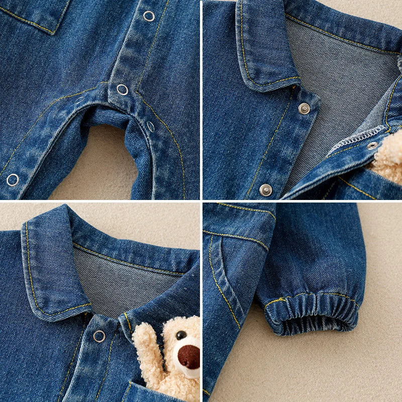 Denim Newborn Romper Jumpsuits with Cute Pocket Toy Bear Details - Unisex Denim Romper