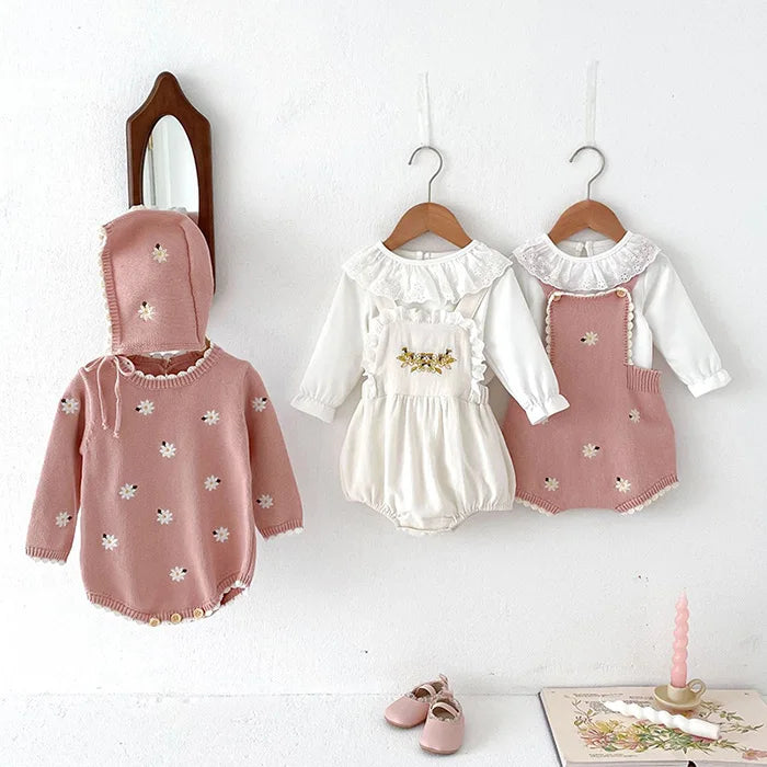 Cute Baby Girls' Knitted Clothing Set - Newborn Baby Girls' Embroidered Bodysuits