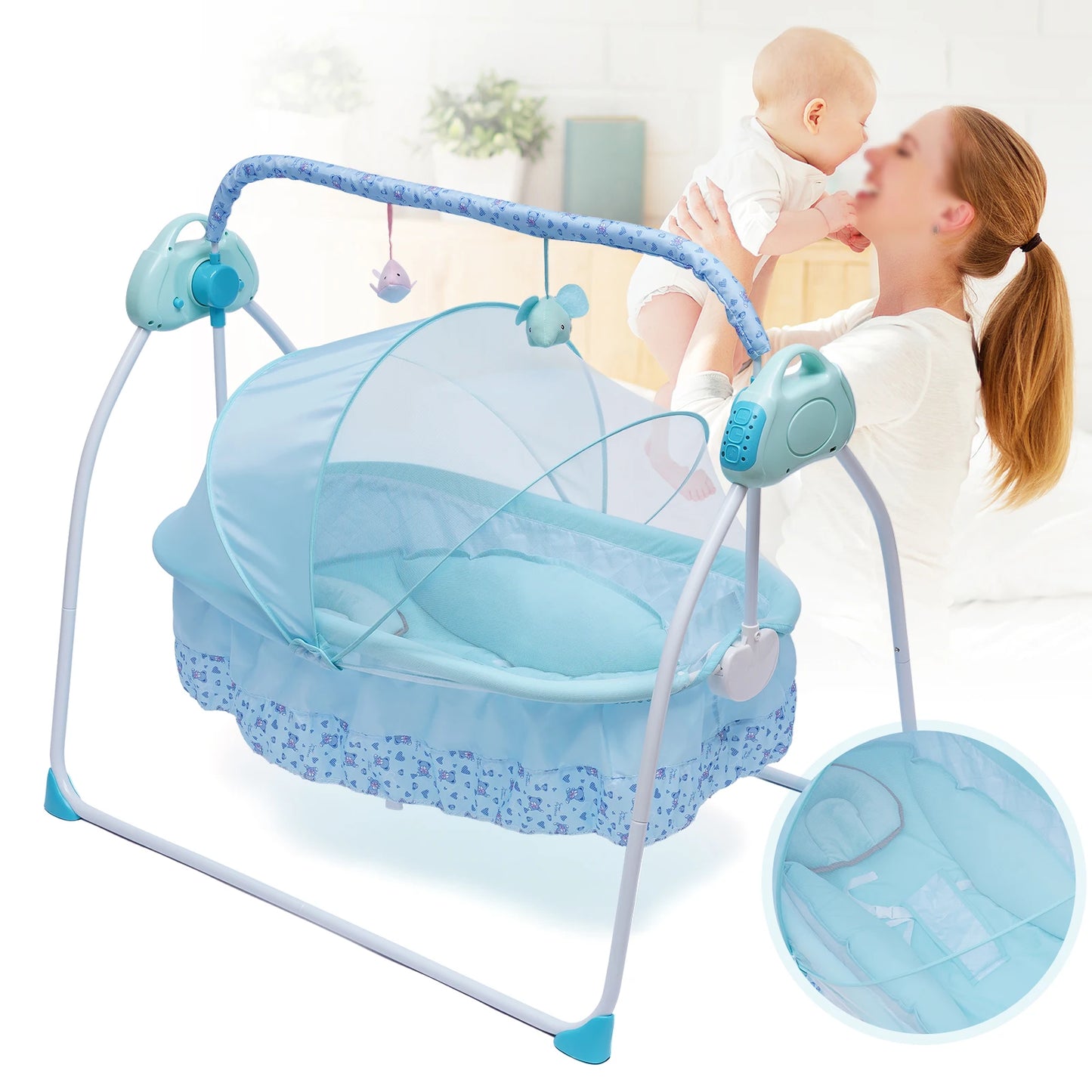 Automated Baby Swing (With Timer+Bluetooth Music+Mat+Pillow+Remote 5 Gears Adjustable)