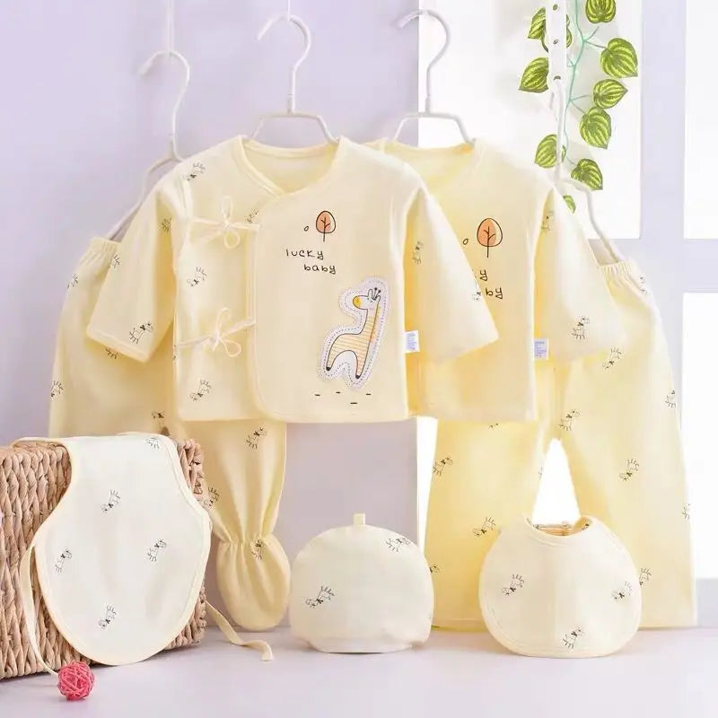 7PC Newborn Clothing Set with T-shirt, Pants, Hats in Unisex Colors