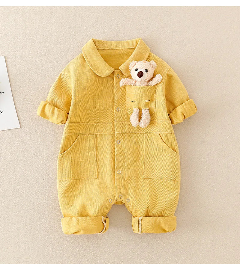 Denim Newborn Romper Jumpsuits with Cute Pocket Toy Bear Details - Unisex Denim Romper