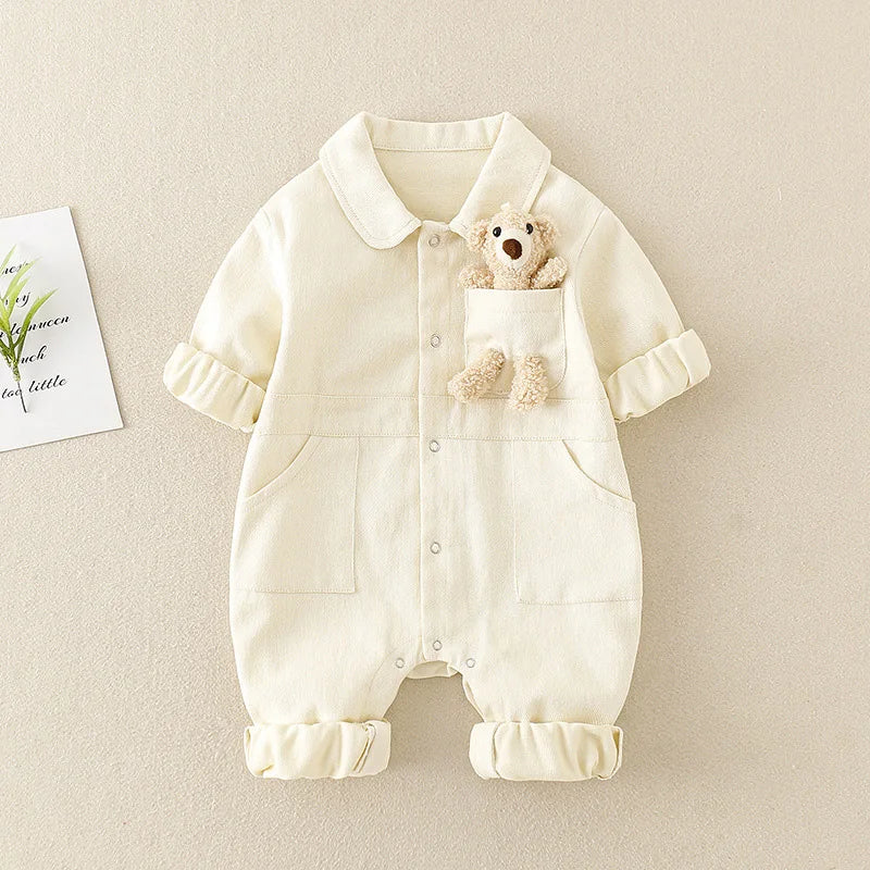 Denim Newborn Romper Jumpsuits with Cute Pocket Toy Bear Details - Unisex Denim Romper