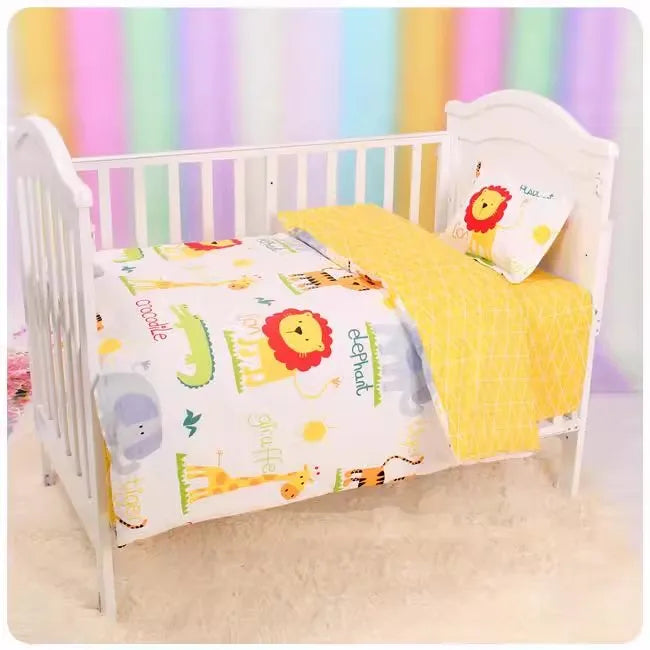 Cute Cartoon Baby Crib Bedding Set 3Pcs 100% Cotton Include Duvet Cover, Mattress Sheet, Pillowcase (Without Filler)