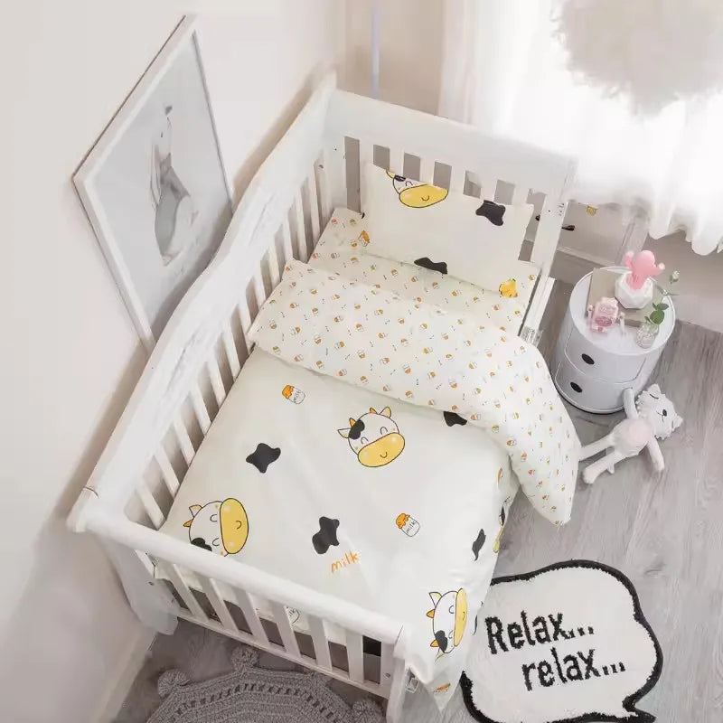 Cute Cartoon Baby Crib Bedding Set 3Pcs 100% Cotton Include Duvet Cover, Mattress Sheet, Pillowcase (Without Filler)