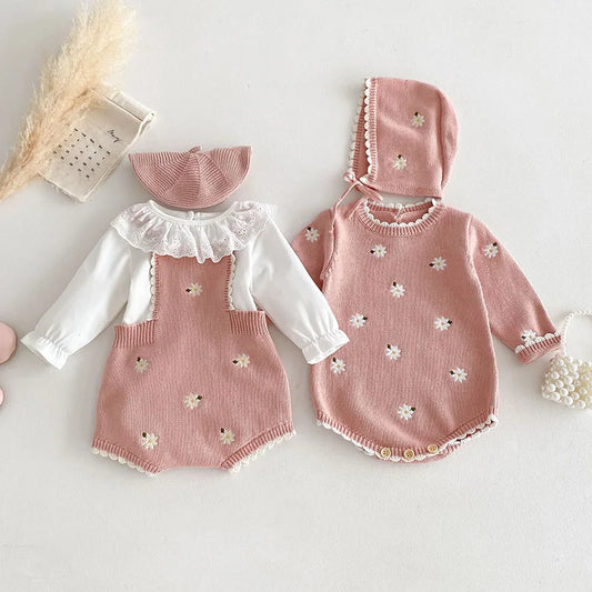 Cute Baby Girls' Knitted Clothing Set - Newborn Baby Girls' Embroidered Bodysuits