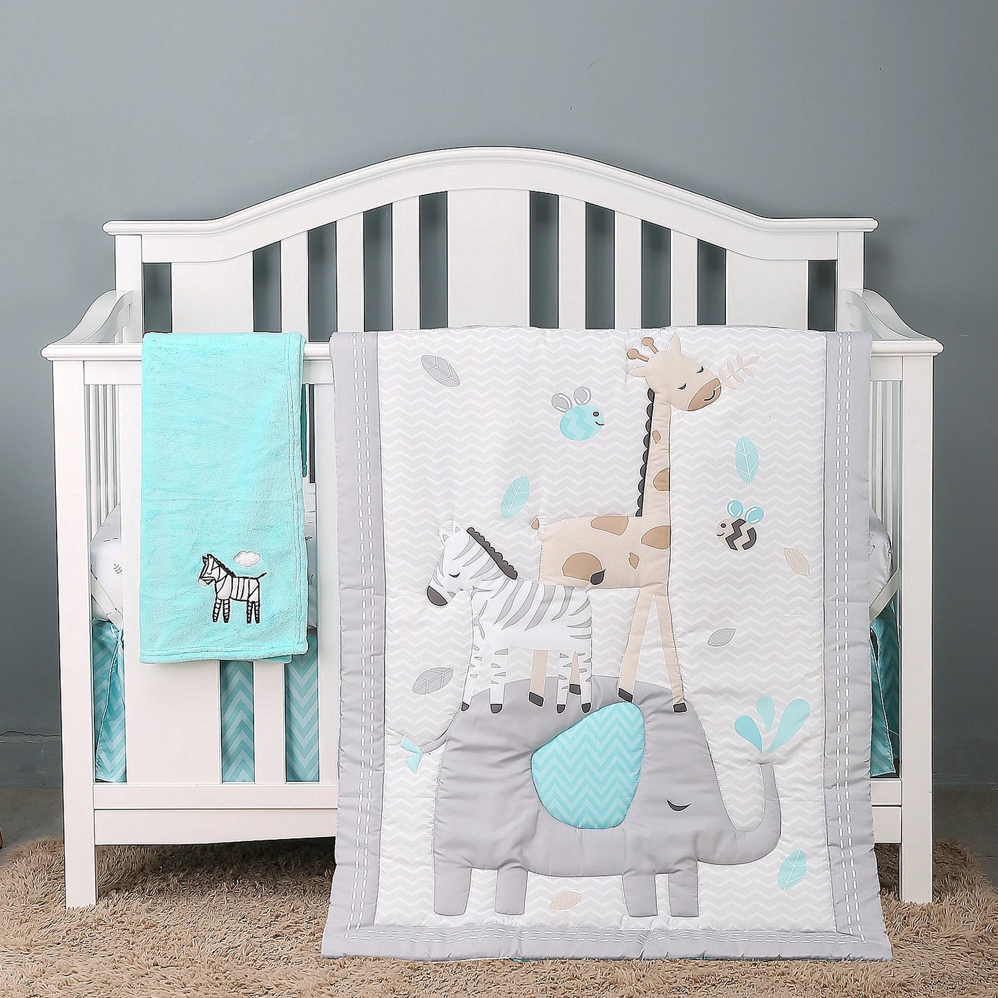 4Pcs Baby Nursery Baby Crib Bedding Sets for Boys & Girls Ruffle Design (Comforter Fitted Sheet Crib Skirt Blanket)