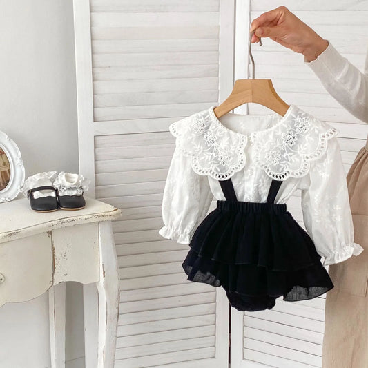 Cute Formal White Lace 2PC Collar Shirt and Bodysuit Set for Toddler Baby Girls