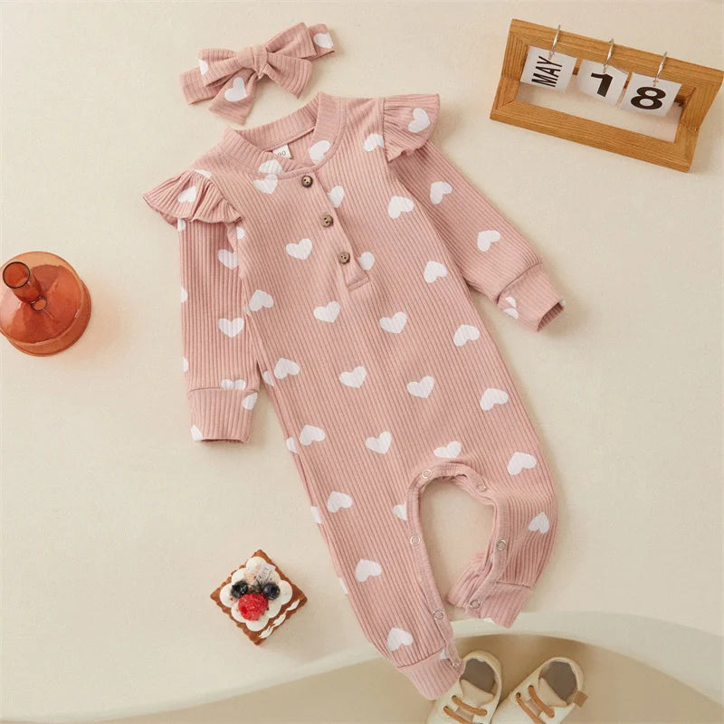 0-18M Newborn Baby Girls' Romper in Sweet Heart Prints - Long Sleeve Crew Neck Jumpsuit With Bow Knot Headdress