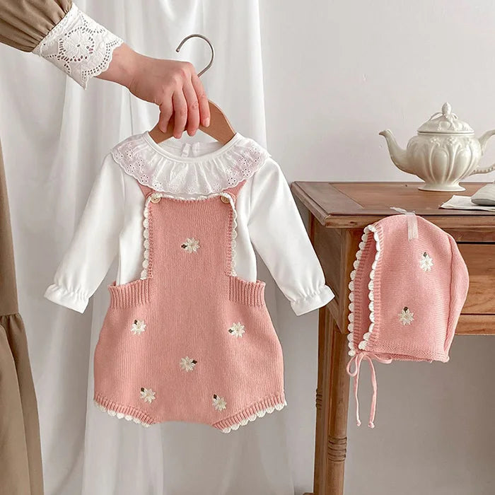 Cute Baby Girls' Knitted Clothing Set - Newborn Baby Girls' Embroidered Bodysuits