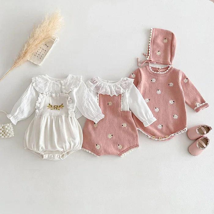 Cute Baby Girls' Knitted Clothing Set - Newborn Baby Girls' Embroidered Bodysuits