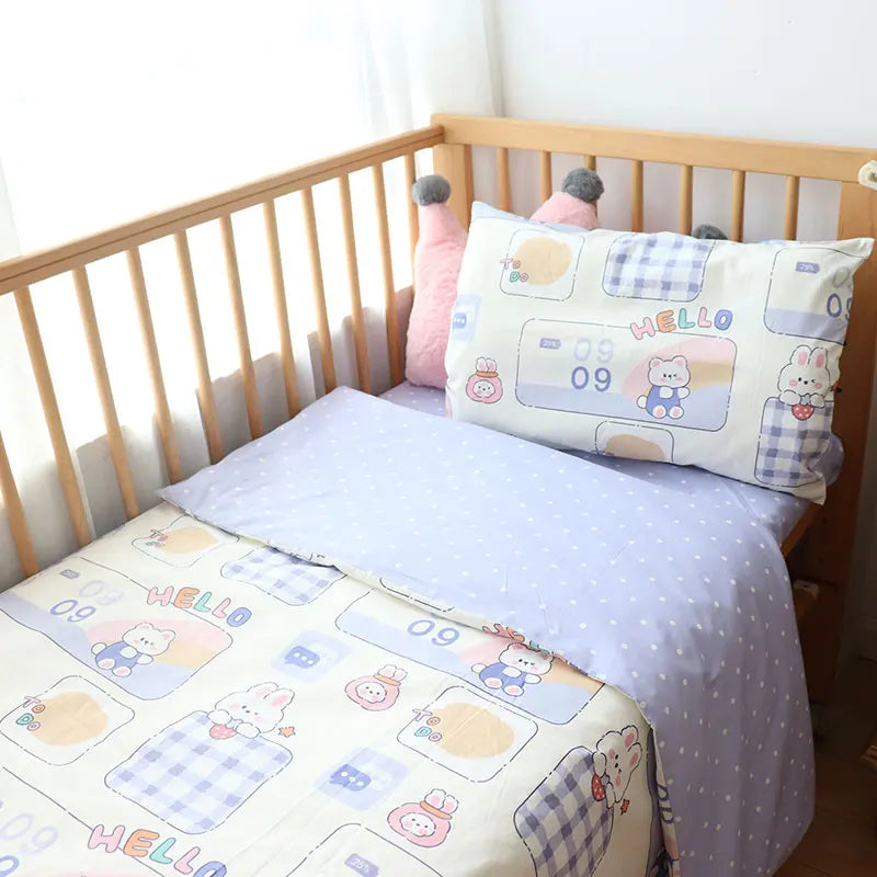 3Pcs Unisex Cute Baby Bedding Set Cotton Crib Bed Linen with Pillowcase, Bedsheet, Duvet Cover