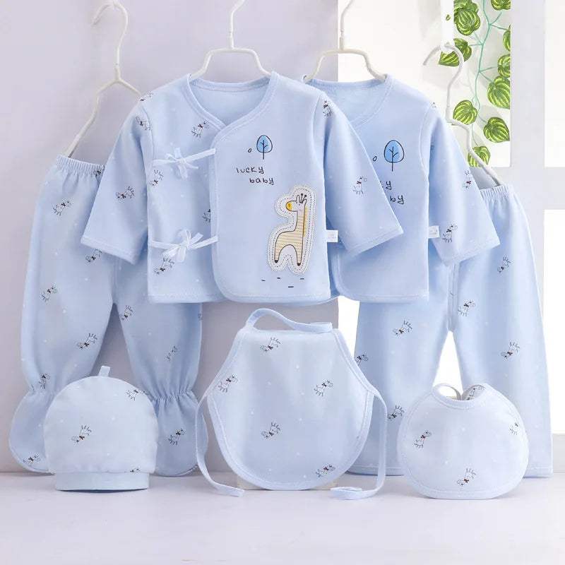 7PC Newborn Clothing Set with T-shirt, Pants, Hats in Unisex Colors