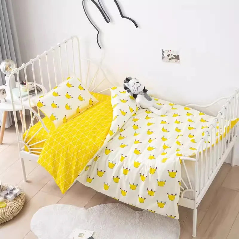 Cute Cartoon Baby Crib Bedding Set 3Pcs 100% Cotton Include Duvet Cover, Mattress Sheet, Pillowcase (Without Filler)