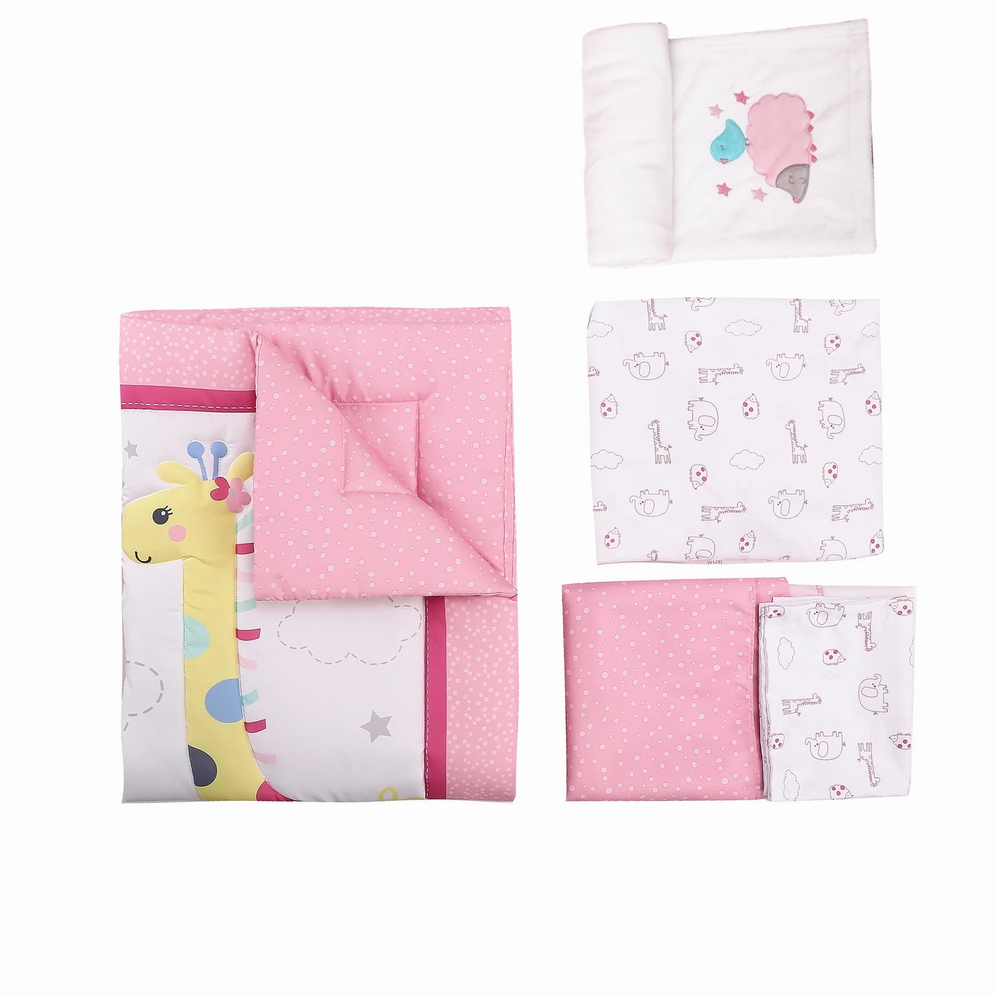 4Pcs Baby Nursery Baby Crib Bedding Sets for Boys & Girls Ruffle Design (Comforter Fitted Sheet Crib Skirt Blanket)