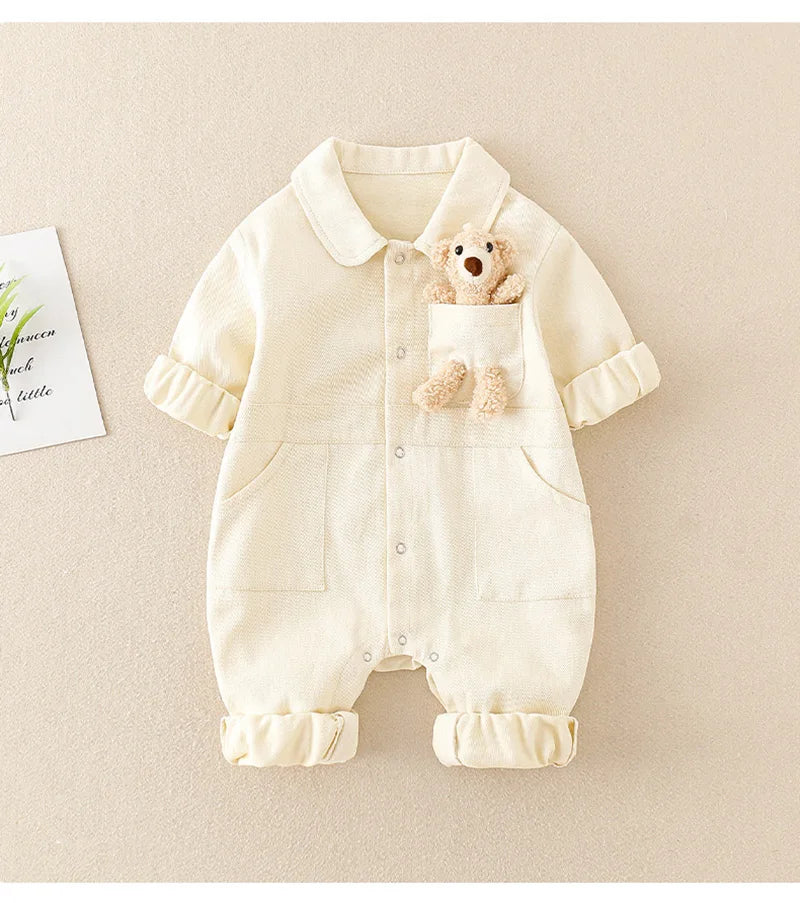 Denim Newborn Romper Jumpsuits with Cute Pocket Toy Bear Details - Unisex Denim Romper