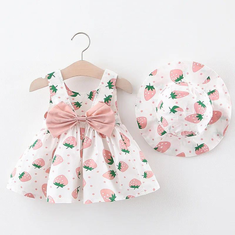 Infant Baby Girl Dress and Hat Set - 0-3M Cotton Dress