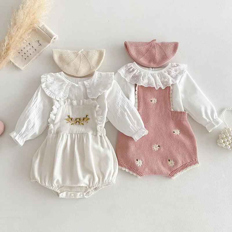 Cute Baby Girls' Knitted Clothing Set - Newborn Baby Girls' Embroidered Bodysuits