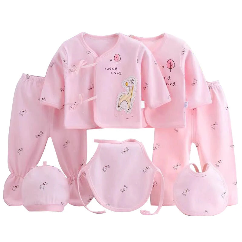 7PC Newborn Clothing Set with T-shirt, Pants, Hats in Unisex Colors