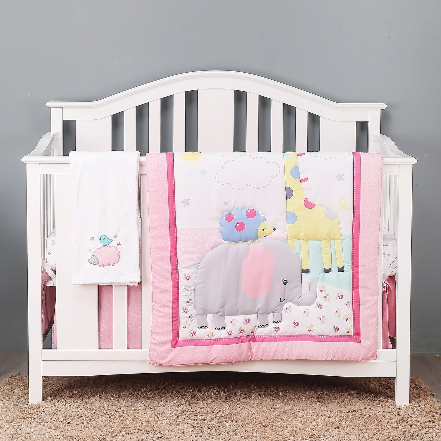 4Pcs Baby Nursery Baby Crib Bedding Sets for Boys & Girls Ruffle Design (Comforter Fitted Sheet Crib Skirt Blanket)