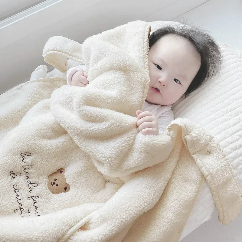 Flannel Baby Blanket Coral Fleece Stroller Cover Cute Bear Winter Windproof Kids Blankets Infant Nap Warm Quilt Swaddle Wrap